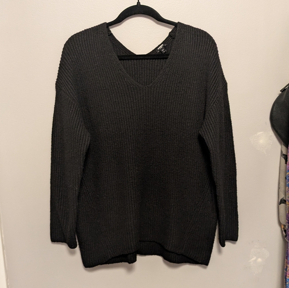 Express Black Wool Blend Oversized Shaker Knit London V Neck Sweater
